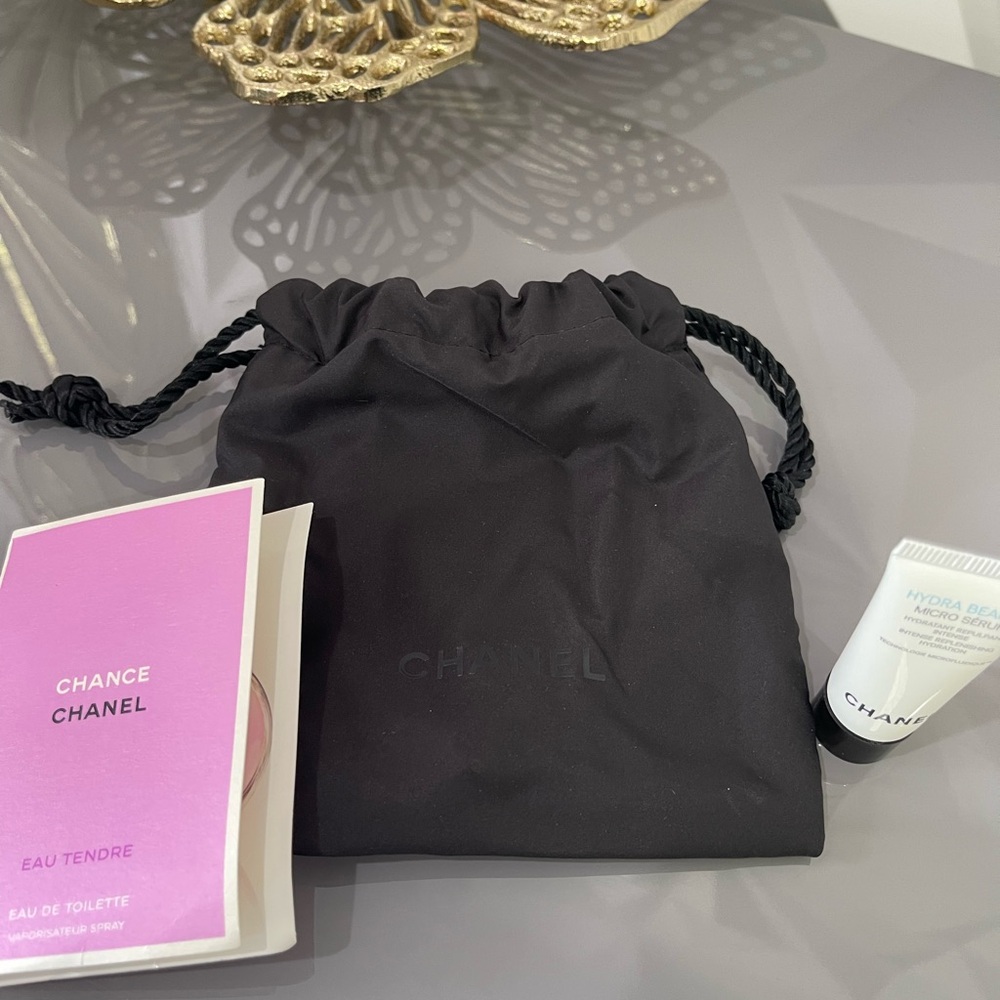 Authentic Chanel beauty nylon drawstring bag with samples